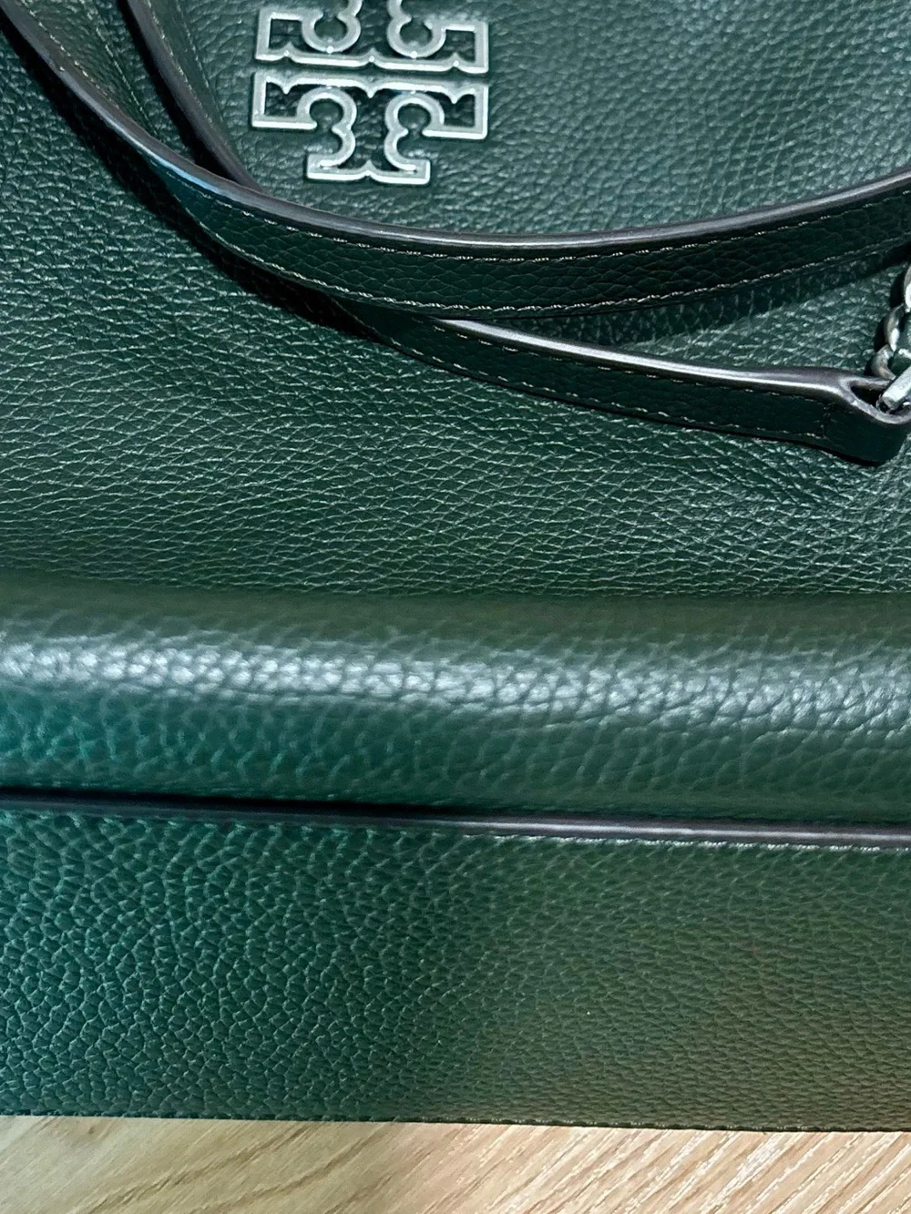 Tory Burch “Britten” Tote in olive/poblano green Pebbled Leather